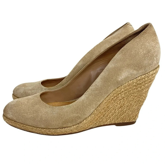 Schutz Espadrille Wedges Shoes Womens 6.5 Nude Tan Neutral Suede Heels Round Toe - Picture 1 of 9